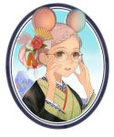  1girl :d animal_ears blue_sky braid braided_bangs chinese_zodiac commentary_request fan_hair_ornament flower glasses green_eyes hair_fan hair_flower hair_ornament hair_rings hands_up japanese_clothes kimono meu_(esekai) mountain mouse_ears open_mouth original pink_hair red_flower red_rose revision rose round_eyewear round_image short_hair sky smile solo teeth upper_teeth_only year_of_the_rat 