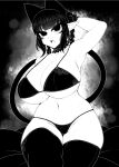  1girl animal_ears arm_behind_head blunt_bangs bra braid breasts cat_ears cat_girl cat_tail cleavage commentary cowboy_shot curvy extra_ears greyscale groin haseru_(ginku_mh) huge_breasts kaenbyou_rin lingerie looking_at_viewer medium_hair monochrome multiple_tails navel nekomata open_mouth panties pointy_ears side_braids sidelocks solo symbol-only_commentary tail thighhighs touhou twin_braids two_tails underwear 