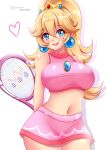  1girl absurdres artist_name blonde_hair blue_eyes blush breasts cropped_shirt crown earrings gumroad_logo hair_between_eyes head_tilt heart highres holding holding_racket jewelry long_hair looking_at_viewer mario_(series) mario_tennis medium_breasts midriff navel paid_reward_available pink_lips pink_shirt pink_skirt ponytail princess_peach racket shadow shirt simple_background skirt sleeveless sleeveless_shirt smile solo sugarbell tennis_racket white_background 