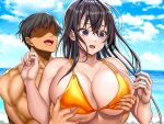  1boy 1girl absurdres bikini black_hair blue_sky blush breasts cleavage cloud cloudy_sky collarbone faceless grabbing grabbing_another&#039;s_breast grabbing_from_behind hetero highres houhokekyo large_breasts long_hair muscular muscular_male open_mouth original outdoors purple_eyes short_hair sky smile swimsuit underboob upper_body water yellow_bikini 