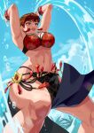  1girl bare_shoulders beach bikini black_bikini breasts brown_eyes cleavage collarbone day earrings highres jewelry large_breasts lips lipstick makeup midriff navel open_mouth outdoors red_hair short_hair smile solo swimsuit the_king_of_fighters the_king_of_fighters_all-stars vice_(kof) yagi2013 