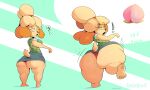  2023 5:3 animal_crossing anthro barefoot big_butt biped blonde_hair bottomwear breasts butt butt_expansion canid canine canis cardigan clothing domestic_dog exclamation_point expansion feet female food fruit furgonomics green_background hair hair_bun hi_res huge_butt huge_hips huge_thighs isabelle_(animal_crossing) looking_at_butt looking_at_own_butt looking_back mammal nintendo octopusdraws open_mouth panties panty_shot pawpads peach_(fruit) pencil_skirt plant plantigrade question_mark raised_leg rear_view red_clothing red_panties red_underwear shih_tzu shocked signature simple_background skirt solo standing surprise tail text thick_thighs thigh_expansion toy_dog underwear wide_hips yellow_body 