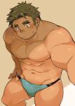  1boy :/ abs bara blush briefs dark-skinned_male dark_skin feet_out_of_frame forked_eyebrows goatee_stubble green_male_underwear highres kuro_nezumi_inu large_pectorals long_sideburns male_focus male_underwear male_underwear_pull mature_male muscular muscular_male nervous_sweating nipples original pectorals pulled_by_self short_hair sideburns sideburns_stubble solo stomach sweat thick_eyebrows thick_thighs thighs topless_male underwear 