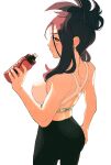  1girl bare_arms black_hair black_pants blush bottle bright_pupils brown_eyes commentary_request cross_scar dendra_(pokemon) eyelashes hand_up highres holding holding_bottle looking_to_the_side osg_pk pants parted_lips pokemon pokemon_(game) pokemon_sv scar scar_on_face scar_on_forehead sidelocks simple_background solo sports_bra water_bottle white_background white_pupils 