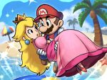  1boy 1girl black_hair blonde_hair blue_eyes brown_hair carrying carrying_person crown dress earrings facial_hair gloves hat highres jewelry long_hair looking_at_another mario mario_(series) mustache official_style open_mouth overalls princess_carry princess_peach red_headwear shirt white_gloves ya_mari_6363 