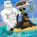  anthro bear black_body black_fur bodily_fluids cum cum_in_ass cum_inside cum_while_penetrated cumshot duo ejaculation eyewear felid feline fur genital_fluids glasses hi_res inflatable internal male male/male mammal neck_tuft outside partially_submerged penetration polar_bear pool_toy swimming_pool tuft ursine vitaly_(artist) water white_body white_fur 