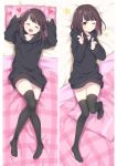  2girls :d ;) ^_^ arms_up bed_sheet black_hoodie black_thighhighs blunt_bangs brown_eyes brown_hair closed_eyes dakimakura_(medium) drawstring finger_gun full_body heart hood hood_down hoodie knees_together_feet_apart long_sleeves looking_at_viewer lying medium_hair moeanime multiple_girls multiple_views nanase_kurumi_(menhera-chan) no_pants no_shoes on_back on_bed one_eye_closed open_mouth original pillow pointing pointing_at_viewer sleeves_past_wrists smile star_(symbol) thighhighs 