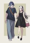  1boy 1girl absurdres ahoge alternate_costume anklet arknights bag bare_legs black_dress black_footwear black_hair black_shirt blue_hair brown_background casual closed_mouth couple dress earrings full_body grey_background grey_eyes grey_hair grey_pants handbag head_wings height_difference hetero highres holding holding_bag irene_(arknights) jewelry long_hair looking_at_another lumen_(arknights) multicolored_hair open_mouth pants pointy_ears red_eyes shirt short_hair shoulder_bag sleeveless sleeveless_dress standing two-tone_background two-tone_hair v-shaped_eyebrows wings wn_(wani-noko) 