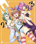  animal_ears ass blush breasts brown_eyes cameltoe character_request fake_animal_ears green_hair highleg highleg_leotard highres kirishima_romin leotard long_hair looking_at_viewer mibry_(phrysm) mizuki_kotori_(yu-gi-oh!) multicolored_hair multiple_girls nipples open_mouth pantyhose petite playboy_bunny rabbit_ears rabbit_tail ribbon short_hair small_breasts smile strapless strapless_leotard striped striped_thighhighs tail thighhighs thighs two-tone_hair vertical-striped_thighhighs vertical_stripes yu-gi-oh! yu-gi-oh!_sevens yu-gi-oh!_zexal 