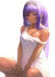  1girl alternate_costume barefoot dark-skinned_female dark_skin fate/grand_order fate_(series) feet_out_of_frame highres long_hair looking_at_viewer nitocris_(fate) otsukemono purple_eyes purple_hair shirt simple_background sitting solo white_background white_shirt 