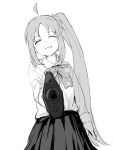  1girl ^_^ ahoge aiming_at_viewer bocchi_the_rock! closed_eyes greyscale gun handgun ijichi_nijika long_hair monochrome school_uniform shimokitazawa_high_school_uniform side_ponytail solo tenten_(chan4545) weapon white_background 