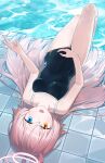  1girl absurdres blue_archive blue_eyes blush breasts fang hair_between_eyes halo highres hoshino_(blue_archive) long_hair looking_at_viewer lying on_back one-piece_swimsuit open_mouth orange_eyes pink_hair pool rokukyugo small_breasts solo swimsuit tile_floor tiles upside-down v very_long_hair water wet 