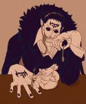  2boys baby bad_id bad_pixiv_id black_hair black_headwear black_nails capone_pez child cowboy_hat facial_hair forehead_tattoo fork full_body fur-trimmed_jacket fur_trim hair_slicked_back hand_tattoo hat holding holding_fork holding_spoon jacket long_sleeves long_tongue male_focus multiple_boys nail_polish one_piece open_mouth pacifier round_eyewear short_hair sitting smile spoon stubble sunglasses tattoo tongue tongue_out vito_(one_piece) zitszy 