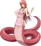  1girl apron artist_request breasts cleavage facial_mark game_cg hair_between_eyes hair_ornament hairclip holding holding_spoon lamia large_breasts long_hair looking_at_viewer miia_(monster_musume) monster_girl monster_musume_no_iru_nichijou monster_musume_no_iru_nichijou_online non-web_source official_alternate_costume official_art open_mouth pink_apron pointy_ears red_scales scales slit_pupils solo spoon transparent_background yellow_eyes 