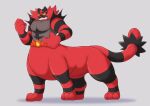  2023 all_fours black_markings clenched_teeth fangs fist generation_7_pokemon hi_res incineroar leg_markings looking_at_viewer male markings mighty_creation nintendo paws pokemon pokemon_(species) quadruped raised_tail red_body shadow simple_background solo standing tail taur teeth yellow_sclera 