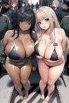  5girls ai-assisted bangs bare_shoulders barefoot bikini black_hair blue_eyes breasts brown_hair cleavage closed_mouth curvy from_above grey_hair hat highres huge_breasts kim_hyung_tae long_hair looking_at_viewer military military_hat military_uniform multiple_boys multiple_girls open_mouth original shiny_skin short_hair standing sunglasses swimsuit underboob uniform yellow_eyes 