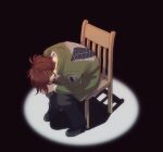  1other chair commentary full_body green_jacket hange_zoe hanpetos jacket meme other_focus own_hands_clasped own_hands_together ponytail shingeki_no_kyojin shinji_in_a_chair_(meme) sitting solo spotlight survey_corps_(emblem) 