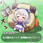  1girl =_= animal_ears bag can carrot chibi closed_eyes commentary_request ear_covers ear_ornament ears_down grass grey_hair hishi_miracle_(umamusume) horse_ears horse_girl horse_tail korok kyou_(fr39) open_mouth oversized_object school_uniform solo stick tail the_legend_of_zelda the_legend_of_zelda:_tears_of_the_kingdom thighhighs tracen_school_uniform umamusume white_thighhighs 