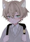  1boy :o absurdres ahoge animal_ear_fluff animal_ears backpack bag blue_eyes blush cat_boy cat_ears child commentary_request hair_between_eyes highres kemonomimi_mode looking_at_viewer male_focus mumei_00007 open_mouth original simple_background sketch solo sweater_vest white_background 