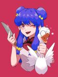  1girl 4xin-z bird bow breasts double_bun duck glasses hair_bun highres holding holding_knife knife mousse_(duck)_(ranma_1/2) one_eye_closed open_mouth purple_hair ranma_1/2 red_background shampoo_(ranma_1/2) simple_background teeth upper_teeth_only yellow_bow 