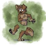  anthro barefoot black_nose black_pawpads brown_body brown_fur camo canid canine canis claws detailed_background disembodied_leg disembodied_tail domestic_dog feet fur looking_down male mammal matt_riskely pawpads solo tinydeerguy 