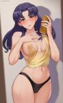  1girl areola_slip bare_shoulders beer_can black_panties blue_hair blush breasts brown_eyes can cleavage covered_nipples dark_blue_hair highres hioyami katsuragi_misato large_breasts long_hair looking_at_viewer navel neon_genesis_evangelion no_bra panties parted_bangs parted_lips smile solo sweat tank_top thighs underwear yellow_tank_top 