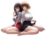  2girls bare_legs barefoot between_legs black_hair black_skirt blue_eyes breasts brown_eyes brown_hair button_gap closed_mouth collared_shirt dress_shirt feet foot_out_of_frame hair_over_shoulder hand_between_legs hand_up high-waist_skirt highres large_breasts legs long_hair looking_at_viewer low_twintails miniskirt multiple_girls open_mouth original plaid plaid_skirt pleated_skirt pucohiiiii red_skirt school_uniform seiza shirt shirt_tucked_in short_hair short_sleeves simple_background sitting skirt smile sweatdrop thighs twintails wariza white_background white_shirt 