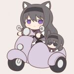  2girls :&lt; akemi_homura animal_ears black_hair blush cat_ears cat_girl cat_tail chibi closed_mouth hairband highres long_hair long_sleeves looking_at_viewer mahou_shoujo_madoka_magica motor_vehicle motorcycle multiple_girls purple_eyes sidecar sunglasses tail yuno385 