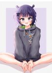  1girl barefoot blue_eyes blunt_bangs blush fang grey_hoodie highres hololive hololive_english hood hoodie kai-yo looking_at_viewer mole mole_under_eye ninomae_ina&#039;nis ninomae_ina&#039;nis_(5th_costume) open_mouth parted_bangs pixie_cut purple_hair short_hair smile solo tentacle_hair toes virtual_youtuber 