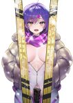  1girl :d bodysuit breasts breasts_out coat hair_ornament hairclip hands_in_pockets highres looking_at_viewer multicolored_eyes original purple_eyes purple_hair scarf simple_background skis smile solo teddy_(khanshin) white_background winter_clothes winter_coat yellow_eyes 