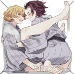  2boys agatsuma_zenitsu barefoot blonde_hair brown_hair closed_eyes closed_mouth cramped earrings eye_contact feet from_side japanese_clothes jewelry kaawaisann kamado_tanjirou kimetsu_no_yaiba kimono legs looking_at_another male_focus multiple_boys open_mouth profile scar scar_on_face scar_on_forehead simple_background soles sweat tears toenails toes wide_sleeves yaoi yellow_eyes yukata 