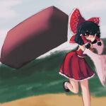  1girl absurdres black_hair bow brick commentary detached_sleeves english_commentary foot_out_of_frame foot_up frilled_bow frilled_hair_tubes frills hair_bow hair_tubes hakurei_reimu highres iesonatana looking_at_viewer medium_hair open_mouth outdoors red_bow red_eyes red_shirt red_skirt ribbon-trimmed_sleeves ribbon_trim shirt shoes sidelocks skirt sleeveless sleeveless_shirt solo standing standing_on_one_leg throwing touhou v-shaped_eyebrows white_sleeves wide_sleeves 