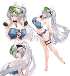  1girl absurdres ahoge bikini blue_bikini breasts cameltoe cleavage commission cross-laced_bikini cross-laced_clothes denim_bikini eyepatch_bikini full_body green_eyes grey_hair hair_ornament highres indie_virtual_youtuber kiyama_satoshi large_breasts long_hair looking_at_viewer lotion multiple_views no_shoes rimuchi_(virtual_youtuber) side_ponytail skeb_commission smile solo standing swimsuit thigh_strap toes tongue tongue_out virtual_youtuber 