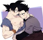  2boys bara bare_pectorals belt black_belt black_hair blush brown_pants cuuupo dougi dragon_ball dragon_ball_z father_and_son glasses grey_shirt large_pectorals looking_at_another male_focus multiple_boys muscular muscular_male nipples pants pectorals shirt short_hair son_gohan son_goku spiked_hair twitter_username wristband yaoi 