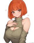  1girl absurdres alternate_breast_size bluefield bob_cut breasts bright_pupils brown_eyes cleavage cleavage_cutout closed_mouth clothing_cutout green_sweater hand_on_own_chest heart highres large_breasts light_blush long_sleeves looking_at_viewer mcdonald&#039;s mother_(yoru_mac) orange_hair patreon_username ribbed_sweater short_hair shoulder_cutout simple_background smile solo sweater turtleneck turtleneck_sweater upper_body white_background white_pupils yoru_mac 