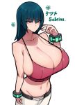  1girl absurdres alternate_breast_size black_hair bracelet breasts cleavage crop_top highres huge_breasts jewelry long_hair looking_at_viewer midriff nintendo pokemon pokemon_(game) pokemon_hgss red_eyes sabrina_(pokemon) solo standing white_background wolffeld_price 