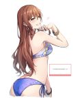  1girl arched_back ass back bang_dream! bangle bare_shoulders bikini bracelet brown_hair butt_crack cropped_legs earrings floral_print green_eyes grin hair_between_eyes heart highres holding holding_hair imai_lisa jewelry long_hair looking_at_viewer looking_to_the_side marshmallow_(site) multicolored_bikini multicolored_clothes side-tie_bikini_bottom sidelocks simple_background smile solo sou_(user_hgyh8775) swept_bangs swimsuit translation_request wet white_background 