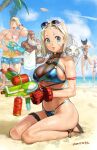  2boys 3girls bald beach beard bikini blonde_hair breasts cammy_white cat commentary conto dark-skinned_male dark_skin dhalsim english_commentary eyewear_on_head facial_hair han_juri highres luke_sullivan male_swimwear manon_legrand multiple_boys multiple_girls ocean palm_tree sand smile street_fighter street_fighter_6 sunglasses swim_trunks swimsuit tree water water_gun wet 