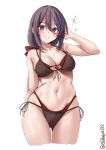  1girl alternate_costume ariake_(kancolle) arm_up bikini black_bikini breasts cleavage commentary cowboy_shot double_bikini ebifurya front-tie_bikini_top front-tie_top hair_over_one_eye highres kantai_collection large_breasts long_hair looking_at_viewer navel purple_eyes purple_hair red_bikini ribbon side-tie_bikini_bottom smile solo stomach swimsuit twitter_username white_background 