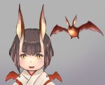  1girl :d animal_ears bat_(animal) bat_ears bat_girl bat_wings black_hair cactus41747280 creature_and_personification fangs final_fantasy final_fantasy_xi grey_background highres japanese_clothes multicolored_hair open_mouth personification pink_hair red_pupils red_wings short_hair simple_background smile solo two-tone_hair upper_body wings yellow_eyes 