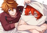  2boys ahoge artist_name bed blue_eyes collared_shirt commentary_request crossed_bangs diluc_(genshin_impact) earrings genshin_impact hair_between_eyes hugging_object jewelry looking_at_another lying male_focus multiple_boys on_stomach orange_hair parted_lips pillow pillow_hug red_eyes red_hair red_shirt rnknmrm shirt short_hair sidelocks simple_background single_earring sleeves_rolled_up smile squiggle tartaglia_(genshin_impact) twitter_username under_covers v-shaped_eyebrows watermark white_background 