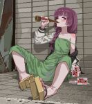  1girl alcohol_carton armpit_crease beer_bottle black_jacket black_nails blunt_bangs blush bocchi_the_rock! braid braided_ponytail breasts byron_yu collarbone dress eyelashes feet foreshortening full_body geta green_dress hair_over_shoulder hand_up highres hiroi_kikuri holding holding_carton jacket knees_up looking_at_viewer low-braided_long_hair multicolored_clothes multicolored_jacket nail_polish off_shoulder on_ground open_clothes open_jacket outdoors pixel_art purple_eyes purple_hair sandals shadow sitting sleeveless sleeveless_dress small_breasts solo strap_slip toenail_polish toenails toes white_jacket 