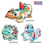  bulbasaur bynine charmander fakemon fangs fusion green_pupils happy highres pokemon pokemon_(creature) red_pupils shell smile squirtle stain 