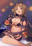  1girl :d animal_hands antenna_hair black_gloves black_thighhighs blurry blurry_background bow breasts brown_eyes brown_hair cleavage dark-skinned_female dark_skin depth_of_field fang gloves gucchiann hair_bow highres kaori_(princess_connect!) large_breasts looking_at_viewer navel orange_bow paw_gloves princess_connect! puffy_short_sleeves puffy_sleeves short_sleeves single_thighhigh sitting skirt smile solo striped striped_skirt thighhighs vertical-striped_skirt vertical_stripes wariza 