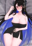  1girl absurdres bare_arms bare_legs bare_shoulders bed_sheet black_hair black_horns blue_hair blush breasts cleavage collarbone colored_inner_hair curvy dress grin hair_ornament highres hololive hololive_english horns large_breasts long_hair looking_at_viewer lying multicolored_hair nerissa_ravencroft on_back parted_lips pillow red_eyes short_dress smile solo strapless strapless_dress sweat tassel tassel_hair_ornament two-tone_hair very_long_hair virtual_youtuber wennananyan 