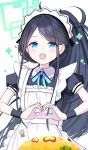  &lt;key&gt;_(blue_archive) 1girl :d absurdres apron aris_(blue_archive) aris_(maid)_(blue_archive) black_hair blue_archive blue_eyes blue_ribbon caffeinechara food halo heart heart_hands highres ketchup long_hair looking_at_viewer maid maid_apron maid_headdress official_alternate_costume omelet omurice open_mouth ponytail ribbon smile solo 