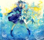  2girls aqua_hair blue_dress blue_eyes blue_footwear blue_hair blue_headwear blue_theme boots bubble cure_marine dress flat_cap frilled_sleeves frills full_body hair_bobbles hair_ornament hat inulin kawashiro_nitori long_hair long_sleeves looking_at_viewer magical_girl medium_hair multicolored_background multiple_girls open_mouth precure puffy_short_sleeves puffy_sleeves rubber_boots short_sleeves teeth thighhighs touhou v very_long_hair white_thighhighs yellow_background 