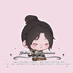  1girl :&lt; airship_assassin_wraith animification apex_legends bad_id bad_lofter_id black_hair blush brown_gloves chibi commission english_text gloves hair_behind_ear hair_bun looking_at_viewer lowres official_alternate_costume one_eye_closed parted_bangs pink_background shi_mie_ye single_hair_bun solo sparkle upper_body white_eyes wraith_(apex_legends) 