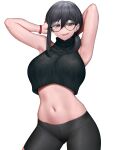  1girl armpits arms_up bracelet breasts crop_top cropped_sweater glasses highres jewelry large_breasts midriff navel original revian_samuel_dani sleeveless smirk turtleneck 