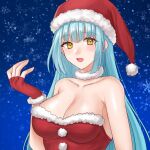 1girl :d bare_shoulders blue_hair breasts character_request cleavage commentary_request copyright_request fingerless_gloves gloves hat hazuki_(nyorosuke) highres large_breasts long_hair looking_at_viewer open_mouth red_gloves red_headwear santa_costume santa_hat smile solo strapless upper_body very_long_hair yellow_eyes 